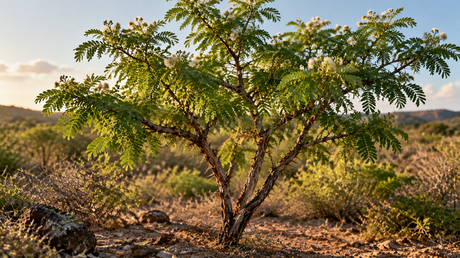 Mimosa tenuiflora tree growing in dry scrubland with fern-like pinnate leaves, thorny branches, and white puffball flowers