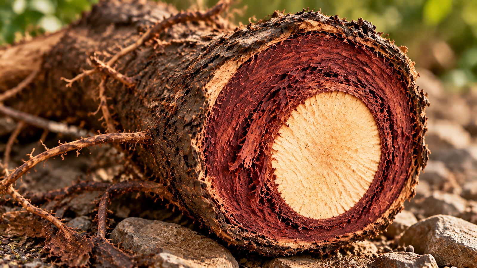 Cross-section of a Mimosa Hostilis root showing three distinct layers: rough outer bark, thick fibrous reddish-brown inner bark, and pale woody core