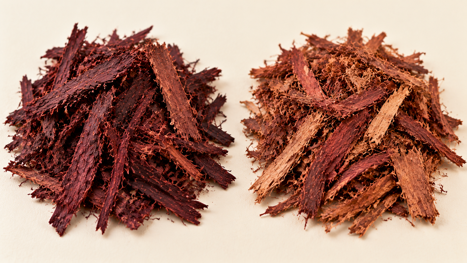 Brazilian and Mexican Mimosa Hostilis inner root bark compared side by side, showing the deeper burgundy tone of Brazilian material versus the lighter reddish-brown of Mexican bark
