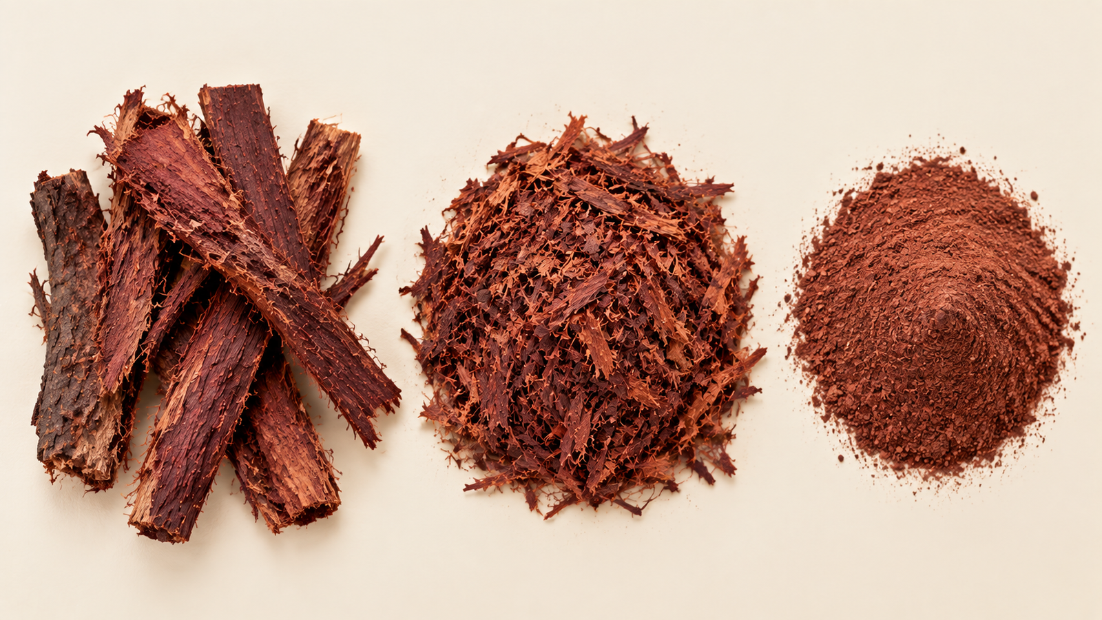 Mimosa Hostilis root bark shown in three forms side by side: whole bark strips, shredded bark, and finely milled reddish-brown powder