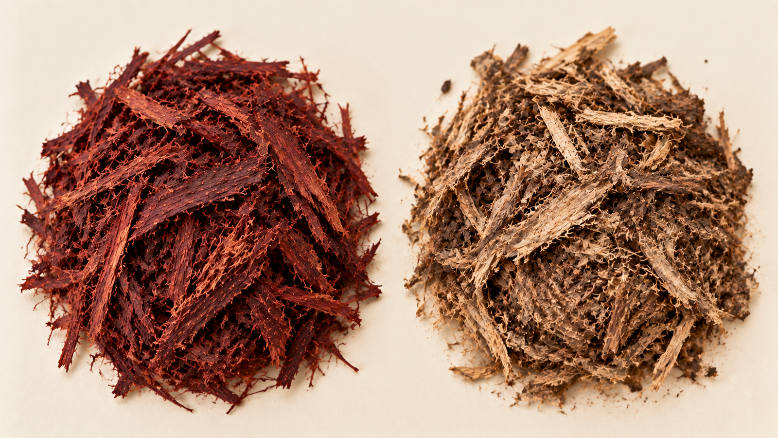 Side-by-side comparison of high-quality Mimosa Hostilis root bark with deep burgundy-red fibrous color versus low-quality pale, dry, uneven material